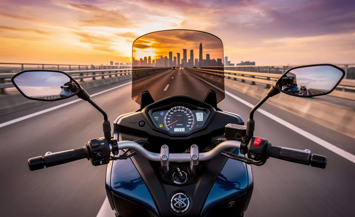 Un scooter Yamaha Tricity 500 à trois roues roule rapidement sur une autoroute au coucher du soleil avec en arrière-plan une silhouette de ville et le compteur de vitesse visible.