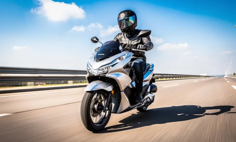 Un scooter Honda PCX 125 argenté roule à vive allure sur une autoroute déserte sous un ciel bleu éclatant, avec des reflets lumineux sur sa carrosserie.
