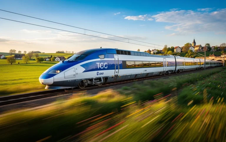 Un TGV bleu et blanc traverse rapidement la campagne française avec le paysage flou et le soleil reflété sur le nez du train.