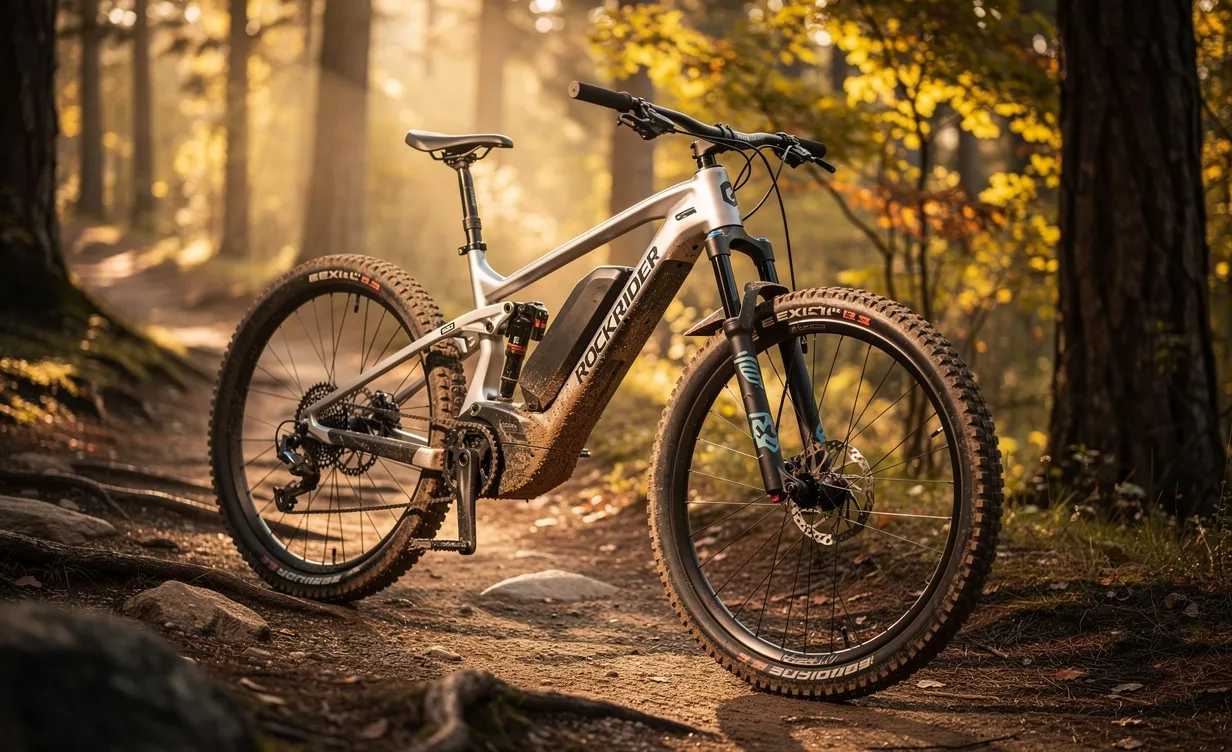 Vélo électrique tout-suspendu Rockrider E-EXPL 500 S stationné sur un sentier forestier rocailleux au coucher du soleil, avec de la boue sur le cadre.