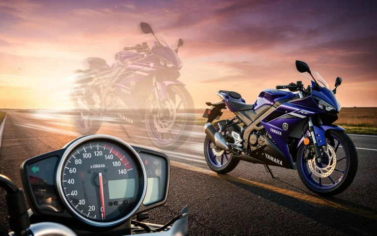Une moto Yamaha YZF-R125 est arrêtée sur une route au coucher du soleil, avec un compteur de vitesse limité et une silhouette floue suggérant la vitesse.