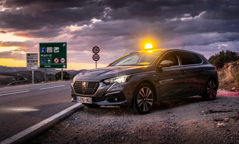 Une voiture française arrêtée au bord d’une route espagnole avec un gyrophare jaune allumé sur le toit, des panneaux routiers en arrière-plan et un ciel du soir.
